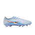 Side profile of a light blue Nike soccer cleat featuring a metallic copper swoosh, against a solid black background.