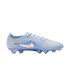 A light blue Nike soccer cleat featuring a metallic rose gold swoosh, textured upper, and translucent blue studs, set against a black background.