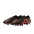 A pair of iridescent dark brown Nike soccer cleats with a wavy texture, black laces, and a teal swoosh outlined in red.