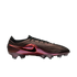 Side profile of a Nike soccer cleat with an iridescent metallic purple finish, a ribbed upper, and a black swoosh with a red outline.