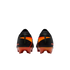 Rear view of black Nike Mercurial soccer cleats featuring orange and red accents on the heels and soleplates, set against a solid black background.