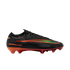 Black Nike soccer cleat featuring an iridescent green and orange swoosh and a red-orange gradient sole with studs.