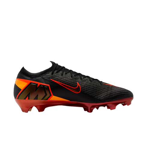 Black Nike Mercurial soccer cleat with orange and red accents and a metallic heel logo.