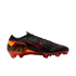 Black Nike Mercurial soccer cleat with orange and red accents and a metallic heel logo.