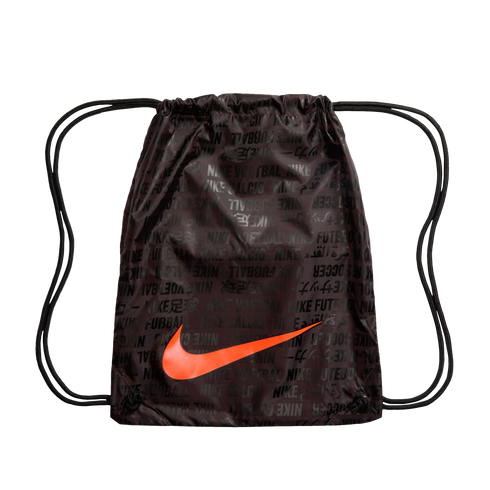 Black Nike drawstring bag featuring a repeating multilingual pattern and a large, bright orange swoosh logo on the lower front.