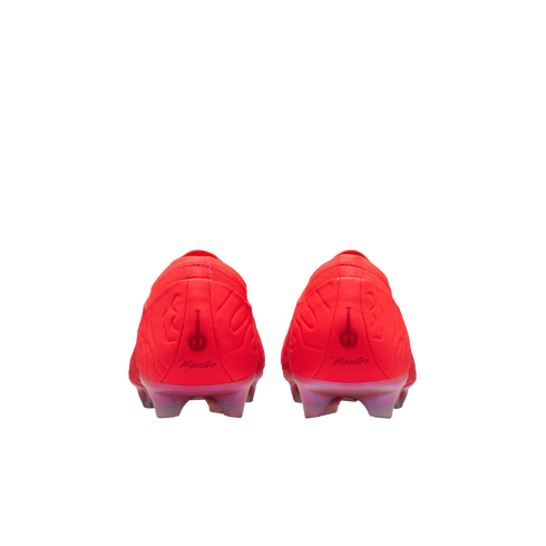 Rear view of vibrant red soccer cleats with cursive "Maestro" text on the heels, on a black background.
