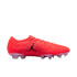 Side profile of a bright red Jordan soccer cleat with a textured upper, black Jumpman logo on an elephant print panel, and translucent studs, against a black background.