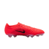 Profile view of a bright red Nike soccer cleat with a textured wavy upper and a black swoosh over a patterned midfoot panel, set against a black background.