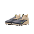 Pair of laceless Nike football boots with a tan sock-like upper and iridescent grey textured overlays. Highlights include neon green accents and a tan soleplate with black studs.