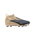 Side view of a laceless Nike soccer cleat in tan and charcoal gray with neon yellow accents. Features a high-top collar and textured upper, displayed against a solid black background.