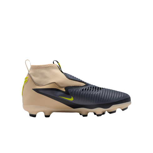 Side view of a Nike high-top soccer cleat featuring a tan heel, dark grey textured upper, and neon yellow accents on a black background.