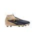 Side view of a Nike high-top soccer cleat featuring a tan heel, dark grey textured upper, and neon yellow accents on a black background.