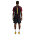 Rear view of a man wearing a black and red jersey with "CANADA" on the back, black shorts, and yellow shoes against a white background.