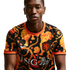 A man models a black Nike Netherlands national soccer jersey with a vibrant orange pattern of lions and chains. Plain white background.