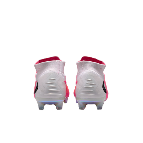 Rear view of white and pink high-top Nike soccer cleats with an iridescent sole plate and ridged heel detail.