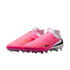 A pair of vibrant pink and white Nike soccer cleats with black swoosh logos and iridescent soleplates, set against a plain white background.