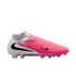 Side view of a pink and white Nike high-top soccer cleat with a textured upper, black Nike swoosh, and translucent soleplate on a white background.