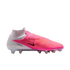 A side view of a pink and white Nike Phantom laceless soccer cleat with a high-top collar and iridescent studs.