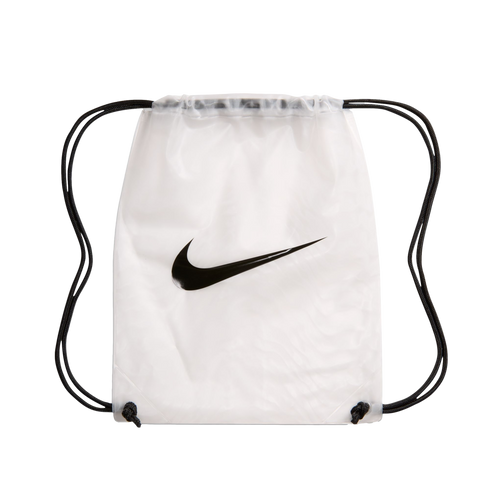 Semi-translucent white Nike drawstring bag featuring a large black swoosh logo and black cord straps against a white background.