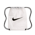 Semi-translucent white Nike drawstring bag featuring a large black swoosh logo and black cord straps against a white background.