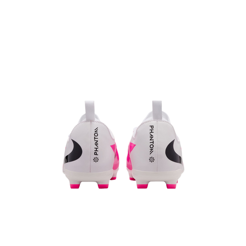 A back view of a pair of white Nike Phantom soccer cleats with pink and black accents.