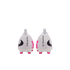 A back view of a pair of white Nike Phantom soccer cleats with pink and black accents.