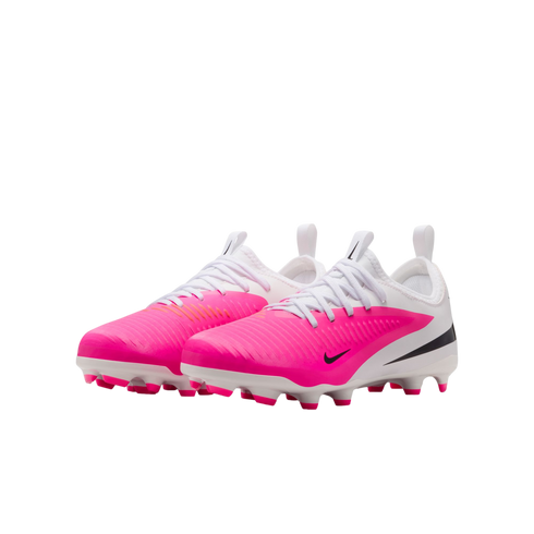 A pair of Nike soccer cleats featuring a bright pink front half, white back half, white laces, and black swoosh logos on the sides.