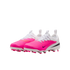 A pair of Nike soccer cleats featuring a bright pink front half, white back half, white laces, and black swoosh logos on the sides.