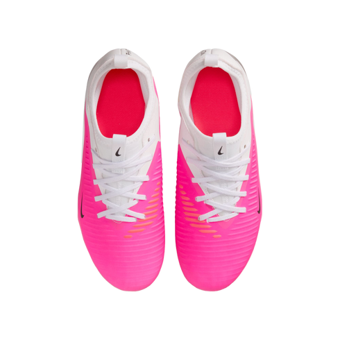 Top-down view of pink and white Nike soccer cleats with white laces against a plain white background.