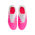 Top-down view of pink and white Nike soccer cleats with white laces against a plain white background.