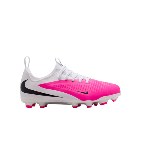 A side profile of a white and vibrant pink Nike soccer cleat with black Swoosh logos, white laces, and pink-tipped studs, isolated on a white background.