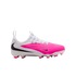 A side profile of a white and vibrant pink Nike soccer cleat with black Swoosh logos, white laces, and pink-tipped studs, isolated on a white background.