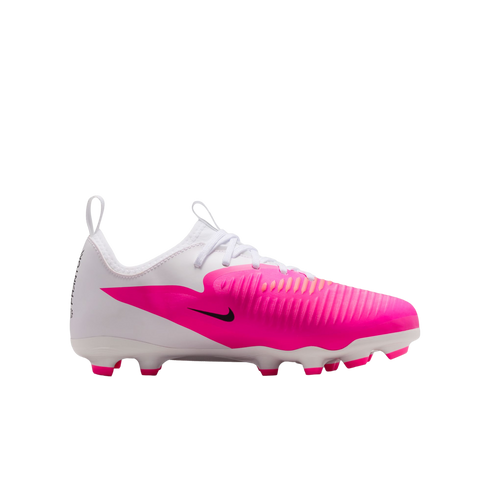 White Nike Phantom soccer cleat with a vibrant pink forefoot, a black swoosh, and pink-tipped studs.