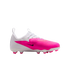 White Nike Phantom soccer cleat with a vibrant pink forefoot, a black swoosh, and pink-tipped studs.