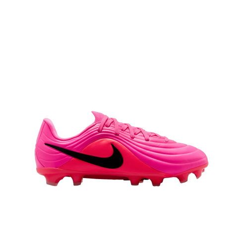 Vibrant pink Nike soccer cleat with a black swoosh, featuring a ridged textured upper and studs on the sole, set against a plain white background.