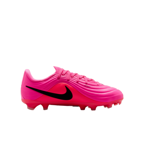 Profile of a bright pink Nike soccer cleat with a black swoosh and ridged upper. Includes pink laces and studs, set against a plain white background.