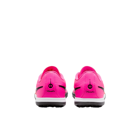 Rear view of a pair of bright pink athletic shoes with white midsoles and black script reading 'Maestro' on the heels.