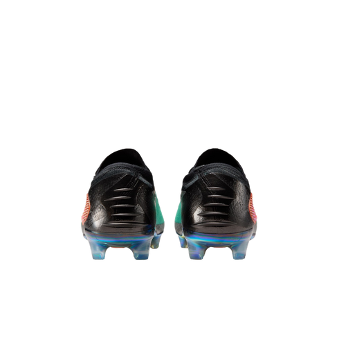 Rear view of black soccer cleats featuring iridescent soles and textured heels, set against a plain white background.
