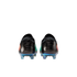 Rear view of black soccer cleats featuring iridescent soles and textured heels, set against a plain white background.