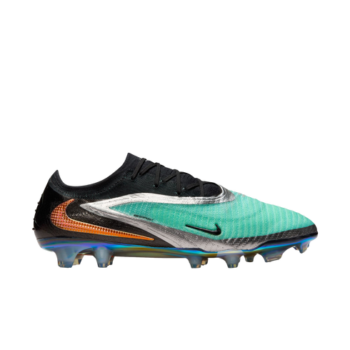 Nike Phantom GX 2 soccer cleat featuring a black and teal upper with silver accents, an orange swoosh, and an iridescent soleplate.