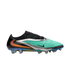 Nike Phantom GX 2 soccer cleat featuring a black and teal upper with silver accents, an orange swoosh, and an iridescent soleplate.