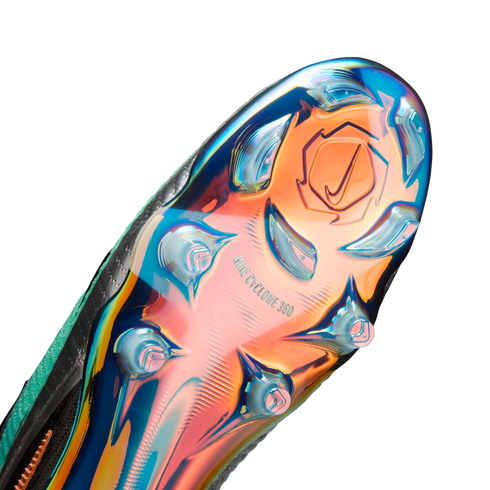 Iridescent blue and orange soleplate of a Nike soccer cleat featuring "NIKE CYCLONE 360" text and a circular stud pattern.