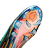 Iridescent blue and orange soleplate of a Nike soccer cleat featuring "NIKE CYCLONE 360" text and a circular stud pattern.