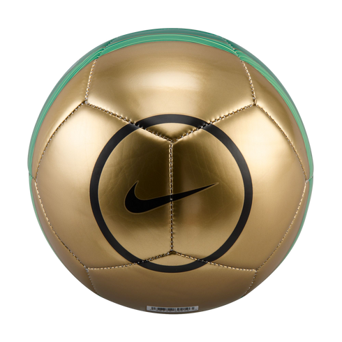 A metallic gold Nike soccer ball with a black swoosh and green accents against a black background.