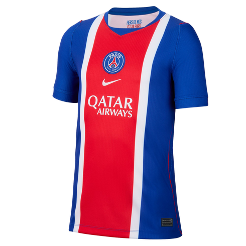 Blue Paris Saint-Germain home jersey featuring a central red vertical stripe with white borders, the team crest, Nike logo, and "QATAR AIRWAYS" sponsor text.