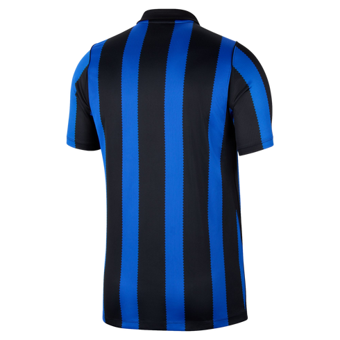 Rear view of a short-sleeved blue and black vertical striped jersey with a black polo collar and zigzag pattern edges.