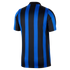Rear view of a short-sleeved blue and black vertical striped jersey with a black polo collar and zigzag pattern edges.
