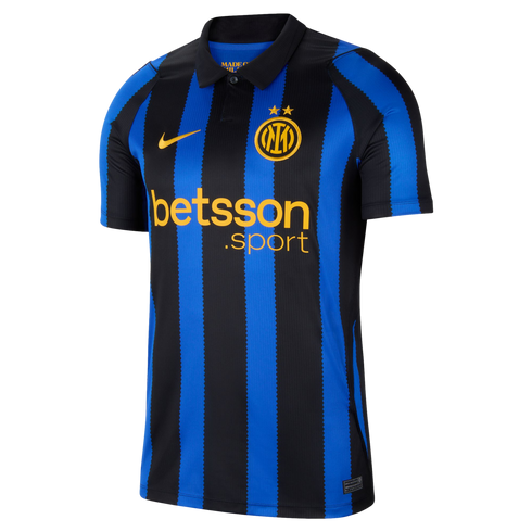 Inter Milan home jersey with blue and black vertical zigzag stripes, yellow club crest, Nike swoosh, and betsson.sport sponsor logo.