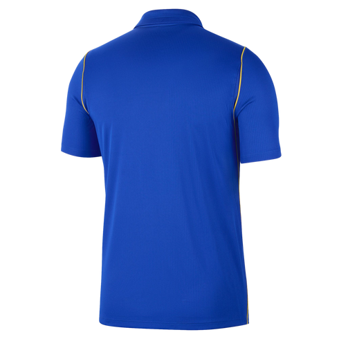 Back view of a blue short-sleeved polo shirt featuring thin yellow piping along the shoulder and side seams.