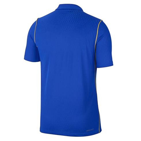 Back view of a blue short-sleeved polo shirt with yellow shoulder and side trim, a vertical-ribbed fabric texture, and a small "AERO-FIT" logo on the lower right hem.